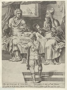 Isten emberének és a régi próféta étkezése Az Isten engedetlen emberének története (sorozat címe) alkotó: Dirck Volckertsz. Coornhert (attributed to)