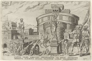 Az Angyalvár ostroma, 1527 V. Károly győzelmei (sorozat címe) Divi Caroli. v. imp. dönt. max. victoriae, ex multis praecipuae (sorozat címe) alkotó: Dirck Volckertsz. Coornhert