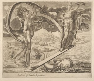 A szerencse az embert játékszerként használja a Six Sayings about Fortune című könyvből, kb. 1560. alkotó: Dirck Volkertsen Coornhert