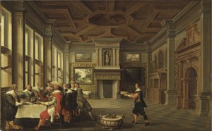 Diner distingue dans un interieur – Distinguished Dinner Company in an Interior, szerző: Delen, Dirck van (kb. 1605-1671). Olajfestmény