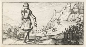 Férfi Gambesonban egy hegyi tájon Holland női és férfi jelmezek, 1622 (sorozat címe) alkotó: Dirk Eversen Lons
