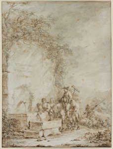 Előlap egy rajzalbumhoz: Parasztok egy szökőkútnál, 1784. alkotó: Dirk Langendyk