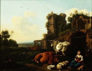 Tájkép pásztorlánnyal, 1670 körül (olaj, tábla) alkotó: Dirk van Berghen