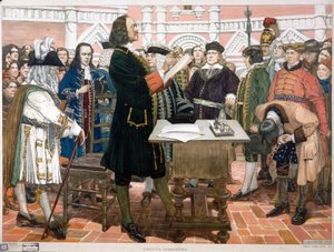 Újoncok bemutatása. I. Nagy Péter cár (1672-1725) új udvaroncokat és fiatal arisztokratákat fogad és azonosít Oroszországban. A cár mögött, kék öltönyben, hóna alatt kalapban, arccal