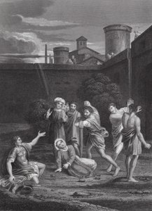 Szent István megkövezése, Apostolok cselekedetei, VII. fejezet, 54. és 60. versek (metszet) alkotó: Domenichino (1581 1641) (after)