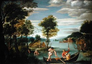 Táj csónakokkal (olaj, vászon) alkotó: Domenichino
