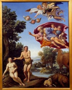 Isten megdorgál Ádám és Éva Domenico Zampieri (A Dominikin) festménye 1625 V. 0,95x0,75 m Grenoble, Szépművészeti Múzeum