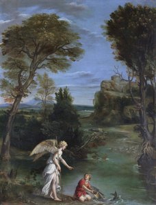 Tájkép Tóbiással, amint a halat tartja alkotó: Domenichino