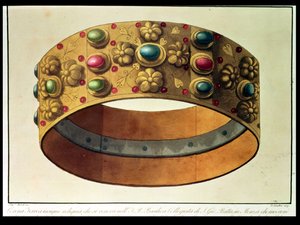 A lombardiai vaskorona, amellyel Nagy Károlyt 777-ben és Napóleont 1805-ben megkoronázták a milánói dómban, D. Landini metszete (aquatinta). alkotó: Domenico (after) Landini