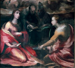 Krisztus megkoronázza Szűz Máriát és Négy Szentet, részlet: Szent Mária Magdolna, Páduai Szent Antal (san antonio di padova), I. Szent Gergely pápa avagy Nagy és Alexandriai Szent Katalin. Domenico Beccafumi (1486-1551) festménye alkotó: Domenico Beccafumi