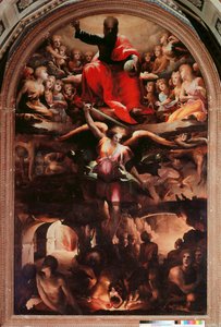 Szent Mihály lázadó angyalokat kergető Domenico Beccafumi festménye (1486-1551) 1526-1530 kb. Nap. 348x225 cm. Siena, Chiesa di San Niccolo al Carmine