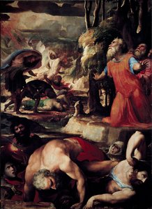 Core (Kore), Dathan (Datan, Nathan) és Aboron (Abiram) büntetése (A mennyei tűz büntetése, a leviták Mózes és a törvény tekintélye elleni lázadásának epizódja). Domenico Beccafumi (1486-1551) festménye