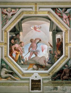 Spurius Cassius Vecellinus vagy Viscellinus lefejezése, akit apja kivégeztetett, mert fontolgatta, hogy király lesz Kr. e. 485-ben Freskó Domenico di Giacomo di Pace dit Beccafumi (1486-1551) 1529-1535 Siena (Siena), Palazzo pubblico alkotó: Domenico Beccafumi