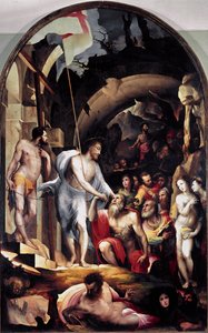Krisztus alászállása a bizonytalanságba. Egy fehér zászlót tart a kezében, amelyen vörös kereszt van sújtva, a feltámadás jelképe. Domenico Beccafumi (1486-1551) festménye