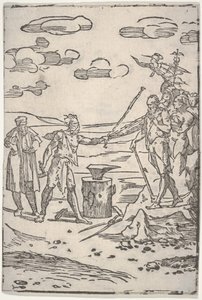 Az üllő mellett álló hamisító, aki láncban húzza az embert, a The var... sorozatból, kb. 1540-1550. alkotó: Domenico di Pace Beccafumi  