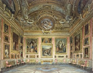 A Palazzo Pitti belső terei, Firenze: A Sala di Saturno Perugino "Lamentációjával" Fra Bartolommeo és Raphael festményeivel, 1871 alkotó: Domenico Caligo