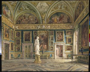 A firenzei Pitti-palota Iliász csarnoka (Palatine Gallery) (Olaszország) (The Hall of the Ilias at the Pitti Palace in Firenze). Domenico Caligo (?-1880) festménye, olaj, vászon. Olasz művészet, 19. század második fele, neoklasszicizmus. Állítsa be Ő alkotó: Domenico Caligo