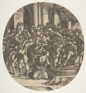 Szent Katalin nőalak középen a földön térdelve egy férfialakhoz könyörög..., 1517. alkotó: Domenico Campagnola