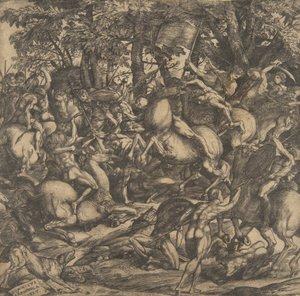 Meztelen férfiak csoportja harcban egy erdős tájon, néhányan lóháton, egy kutya a lovardában, 1517.
