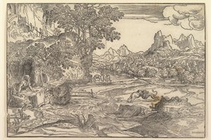 Táj Szent Jeromossal balra néz oroszlán és medve harca a központban..., kb. 1530-35.