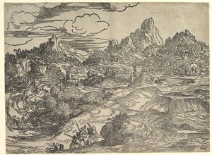 Táj az előtérben együtt sétáló családdal, bal oldalon két figura ..., kb. 1535-40.