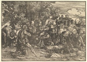 Mária a fák alatt ül kisbabával, mellette balról József és jobbról Szent Jeromos, St..., 1517.