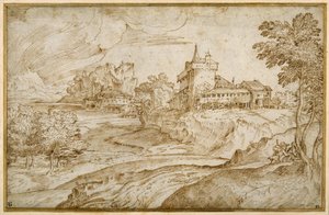 Hegyvidéki táj várral és egyéb épületekkel a folyó mellett; egy férfi, aki egy nőt siet, jobbra, 1540 körül (toll és barna tinta fehér papíron)