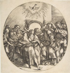 A Szentlélek, mint egy madár, amely kitárt szárnyakkal száll alá középen, a tizenkét apostol..., 1518.