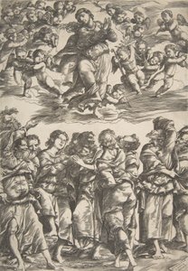 Felhőkben középen a Szűz, összekulcsolt kezekkel és felemelt jobb lábbal, körülvéve..., 1517. alkotó: Domenico Campagnola