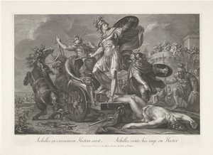 Akhilleusz a szekere mögé vonszolja Hektór holttestét Achilles in exanimem Hectora saevit / Akhilleusz Hektoron szeli ki dühét (cím a tárgyon)