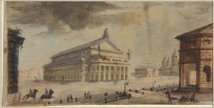 A szentpétervári császári Bolsoj Kamenny Színház - Domenico Felice Lamoni (1745-1830). Akvarell és fehér szín papíron, 1783 előtt. Szentpétervári Állami Történeti Múzeum