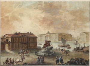 Nagy Péter lovas szobra a Szenátus téren (place de Senat, place des decembristes ouplace de Pierre) – Domenico Felice Lamoni (1745-1830). Akvarell és fehér szín papíron, 1782 után. Szentpétervári Állami Történeti Múzeum
