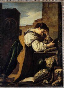 Melankólia Szomorú fiatal nő egy koponya feje fölé hajol, mögötte egy armilláris gömb. Domenico Feti (1589-1624) festménye (Vanity) V. 1,71x1,28 m. alkotó: Domenico Feti