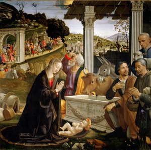 A Pásztorok imádása Domenico Ghirlandaio (1449-1494) festménye 1483-1485 V. 167x167 cm Capella Sassetti, Santa Trinita, Firenze