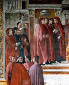 Zakariás (Zaccharia) bejelentése Balra lent Marsile Ficin (Ficino), Cristoforo Landino, Angelo Poliziano és Demetrios Chalkondyles (Calcondila) gondolkodók és értelmiségiek láthatók. Részlet. Domenico di Tommaso Bigordi dit Ghirlandaio freskója (14 alkotó: Domenico Ghirlandaio