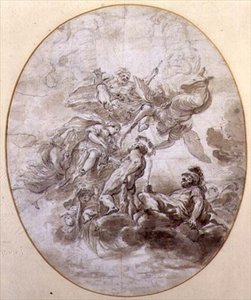 Herkules apoteózisa, a bolognai Palazzo Pepoli mennyezeti freskójának terve (toll, tinta és szépia mosás papíron)