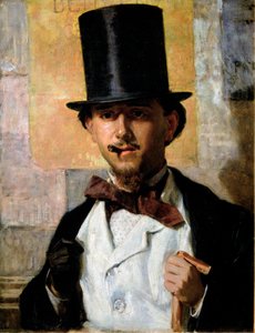 Bernardo Celentano (1835-1863) olasz festő portréja Elegáns férfi cilinderben és öltönyben, csokornyakkendőben, botban és kesztyűben. Domenico Morelli (1826-1901) festménye 1859 V. 67x52 cm Róma, Galleria Nazionale d