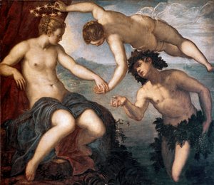 Bacchus, Vénusz és Ariane festménye, Tintoretto vagy Tintoret (Jacopo Robusti) (1518-1594) 1577-1580 V. 146x167 cm Antikollégium csempe, Dózse palota, Velence