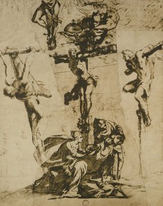 Tanulmány a keresztre feszítésről és az ájult szűzről alkotó: Domenico Robusti Tintoretto
