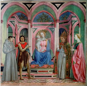 Santa Lucia dei Magnoli oltárképe: Madonna és gyermek Szent Luciával, Szent Ferenccel, Keresztelő Jánossal és Szent Zanobival (Zenobie) Detrempe Domenico Veneziano (Domenico di Bartolomeo) fán (XV. század eleje-1461) 1455 kb. Nap. 209x213 c