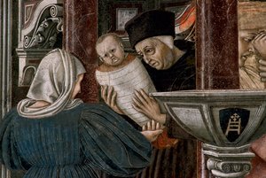 A kórház története: "" Kilátás a sienai Santa Maria della scala árvaházára "" egy fiatal árva házassága. Részlet, amely az árva születéskor történő elhagyását ábrázolja. Domenico di Bartolo freskója (1400/1404-1445/47) a Zarándokok termében