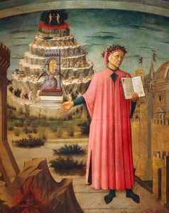 Dante Alighieri az Isteni komédiával a kezében, háttérben a purgatórium hegyei, részlet Dante Alighieri (1265-1321) Isteni komédiájából, Domenico di Michelino (1417-1491) freskója, Virágos Szent Mária-bazilika, Firenze. Olaszország,1465
