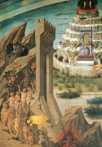 Átkozott alakjai, részlet Dante kezében az Isteni vígjátékot, Domenico di Michelino (1417-1491) freskója, Santa Maria del Fiore katedrális, Firenze, Olaszország