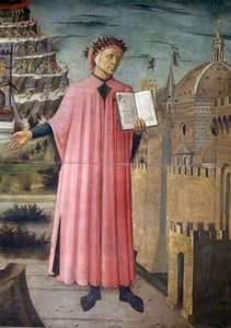 Olaszország, Toszkána régió, Firenze, Katedrális, Dante Alighieri portréja, Firenze és Domenico di Michelino Isteni színjátékának allegóriája, szarvasmarha, vászon