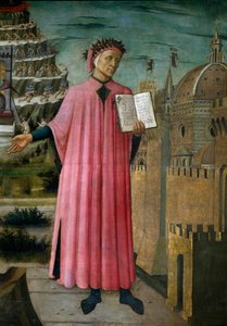 Dante Alighieri (1265-1321) olasz költő La divine comedie "(Az isteni vígjáték)" című művét mutatja be. Részlet. Domenico di Michelino freskója (1417-1491), Cathedrale Santa Maria del Fiore, Firenze. (Dóm, Firenze) Olaszország