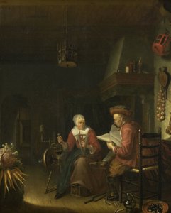 Belső egy férfi olvasó és egy nő fonó fonalat alkotó: Domenicus van Tol