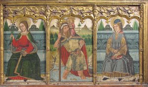Predella üvegtábla Szent Brigittel, Szent Kristófral és Szent Kiliánnal a Retable-ból, 15. század.