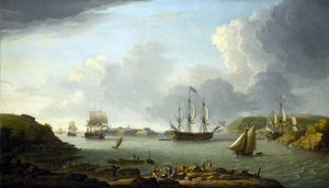 Egy flotta visszatérése Plymouthba (Anglia), a város és az öböl leírása, beleértve a Drake-szigetet és az Edgcumbe-hegyet. Olaj, vászon alkotó: Dominic Serres