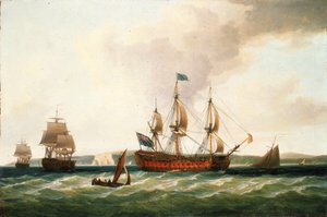 A "Saint George", egy első osztályú 100 ágyús hajó, amelyet 1756-ban építettek a woolwichi hajógyárban (Anglia), a flotta parancsnoki hajója volt az 1759-es quiberoni öbölbeli tengeri csatában, vagy a kardinálisok csatájában. alkotó: Dominic Serres