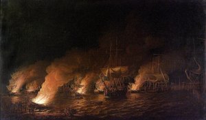 A hétéves háború (1756-1763): Francia hadihajók támadása a brit flottára Quebec City (Kanada) előtt, 1759. június 28-án éjszaka. alkotó: Dominic Serres